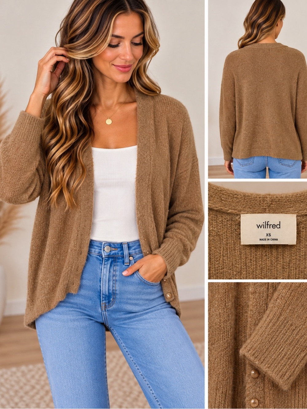 Wilfred Camel Open-Front Plush Cardigan